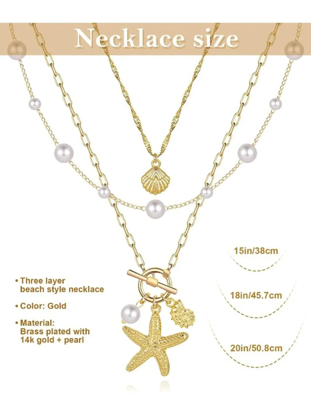 Layered Shell Necklace for Women, Starfish Pearl Pendant, Adjustable Beach - Picture 6 of 9